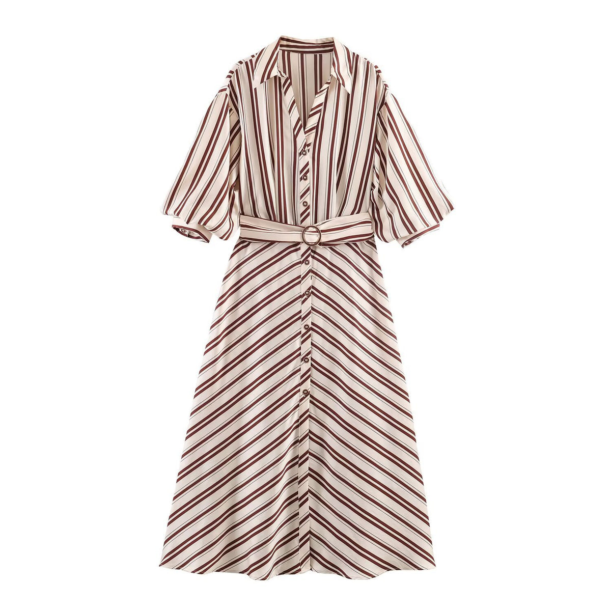 Commuting style elegant belt striped MIDI dress