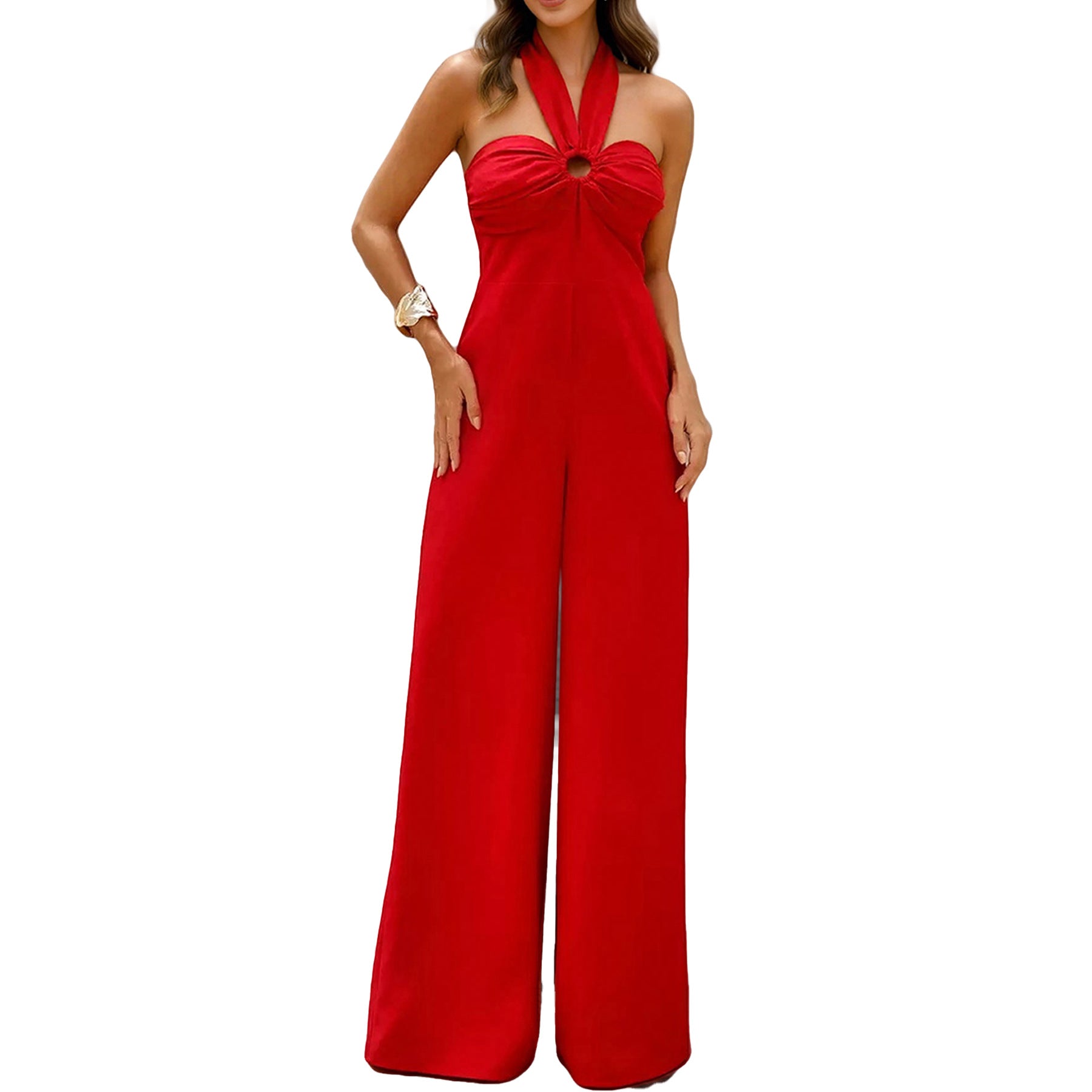 Women's Sexy Fitted Halter Neck Jumpsuit Straight Leg Long Pants