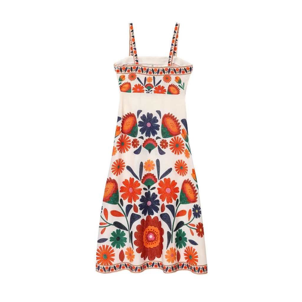Vacation style slimming positioning printed cotton and linen dress