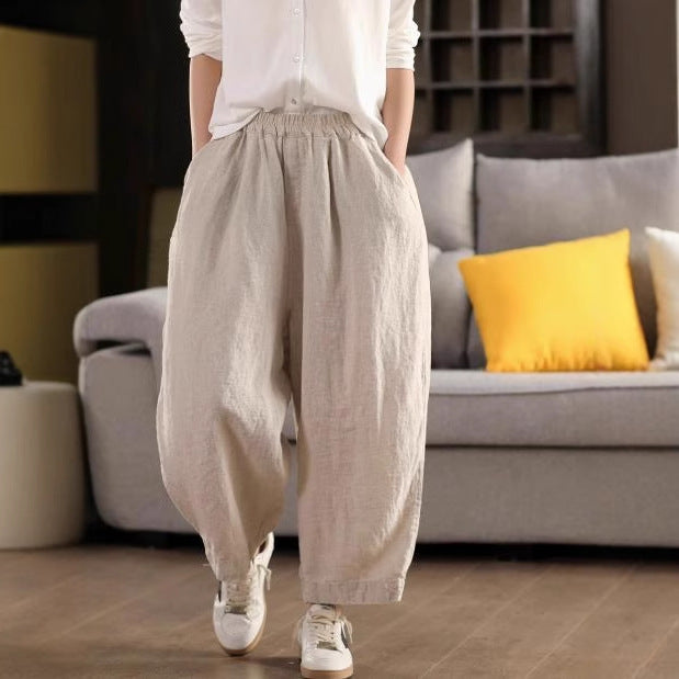 Summer New Heavy Sand-Washed Linen Vintage Color Loose Trousers Slim Literary Flare Pants Harem Pants