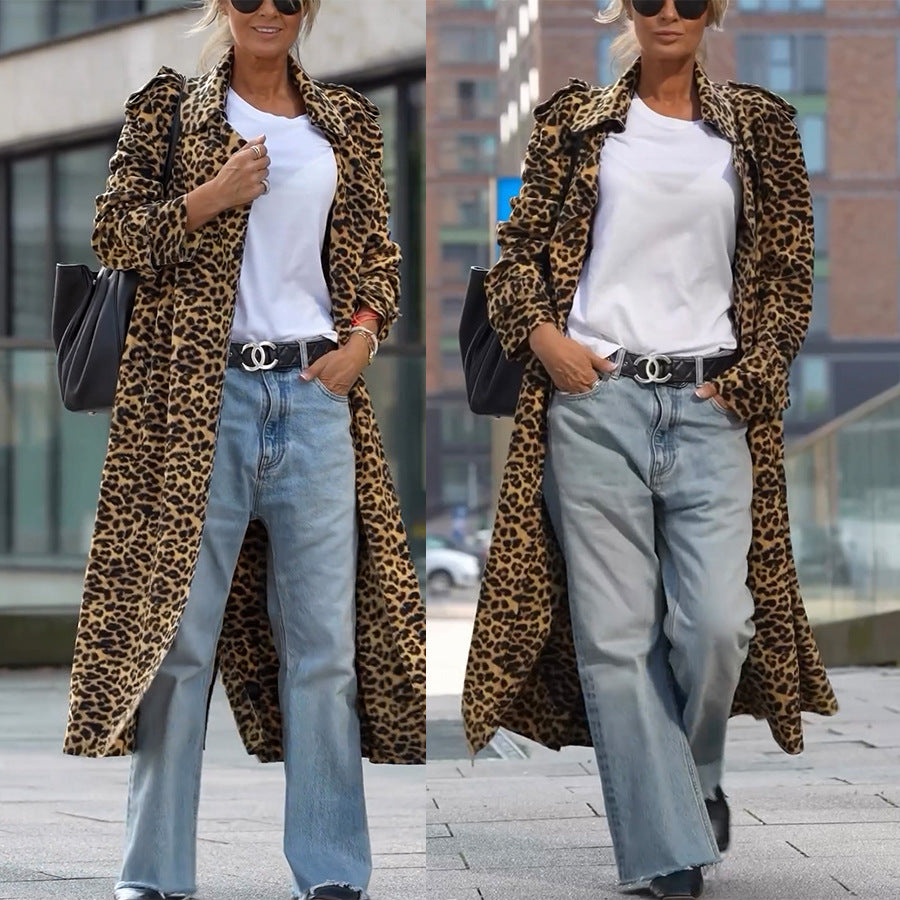 Leopard Print Flip Collar Trench Coat Loose Casual Long Sleeve Women's Outerwear