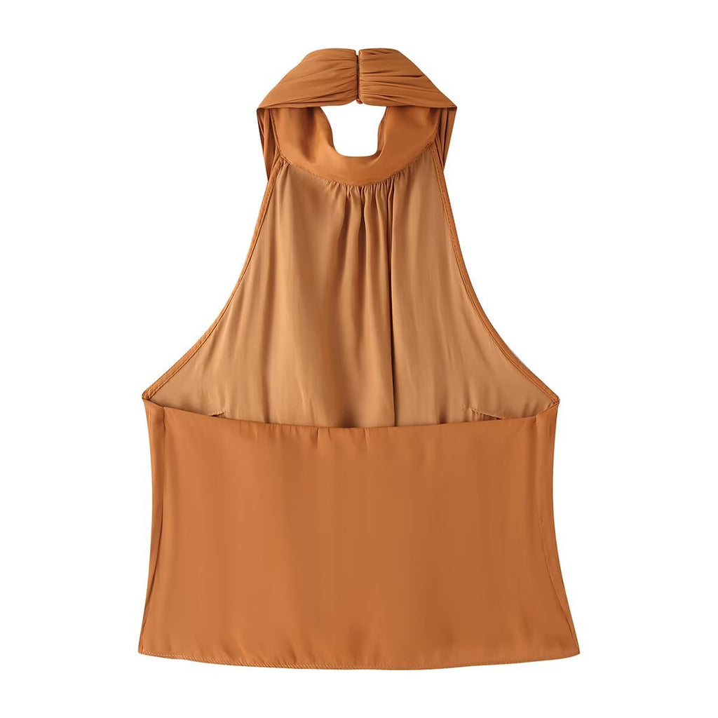 Spicy girl pleated silk hanging neck top