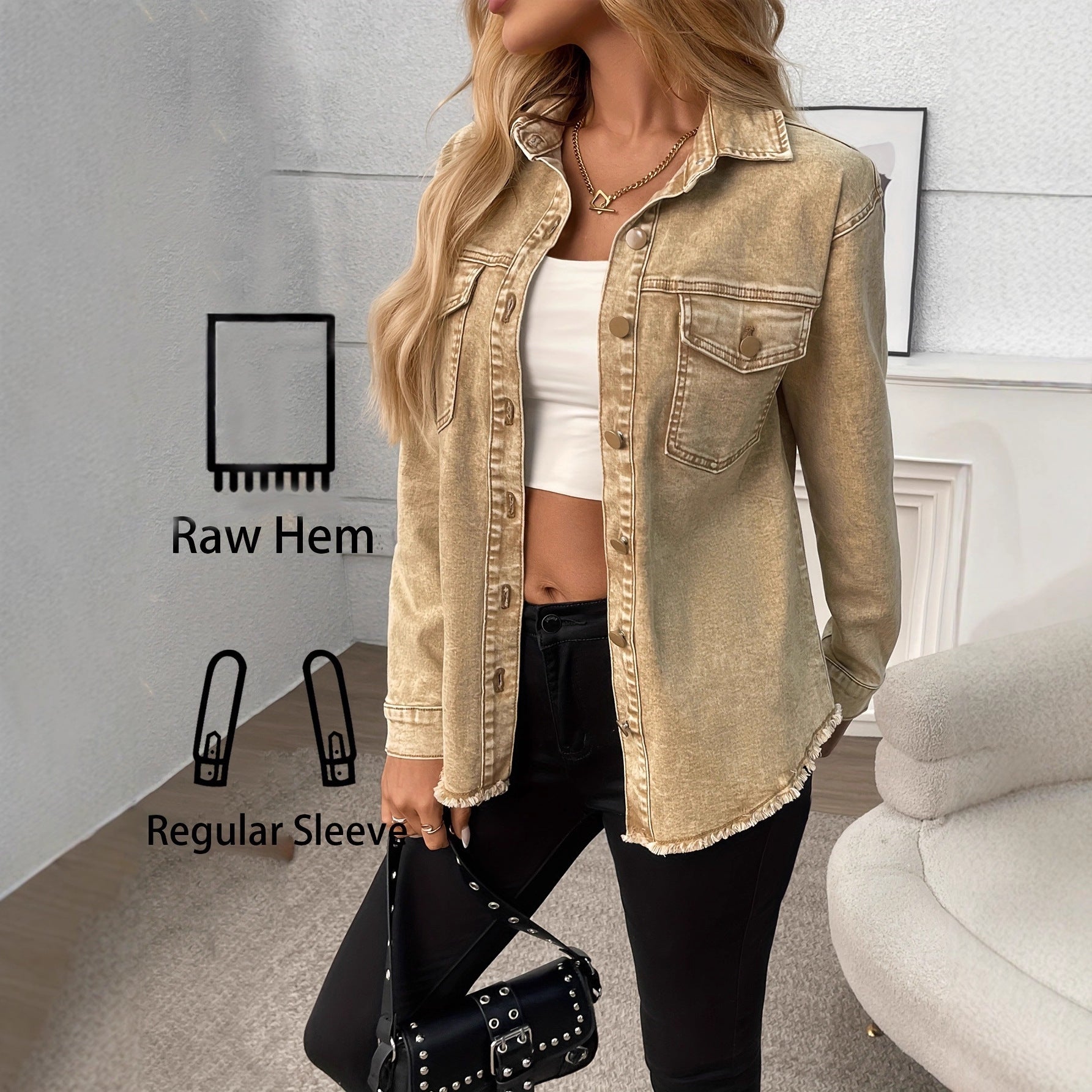 Casual Loose Slim-Fitting High-Elastic Long Sleeve British-Style Cargo Pocket Oversized Denim Shirt in Khaki