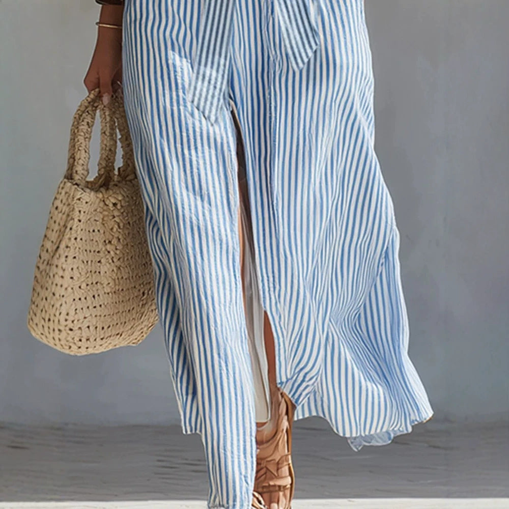 Fresh Blue and White Striped Sleeveless Long Dress with V-Neck, Waist-Tie, Side Split, Beach Dress