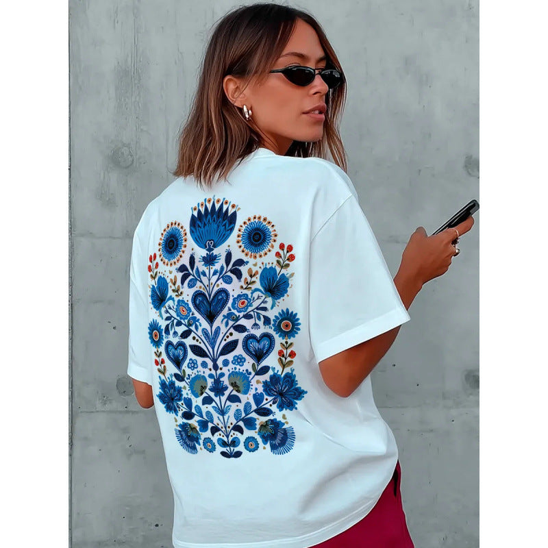 Short sleeved round neck loose top for women