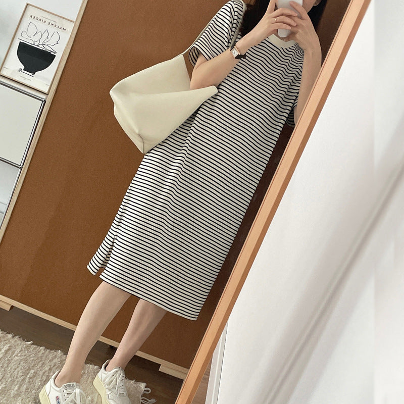 Cotton Dress Mid-Length Knee-Length  Loose Straight Silhouette Slimming Short Sleeve Dress