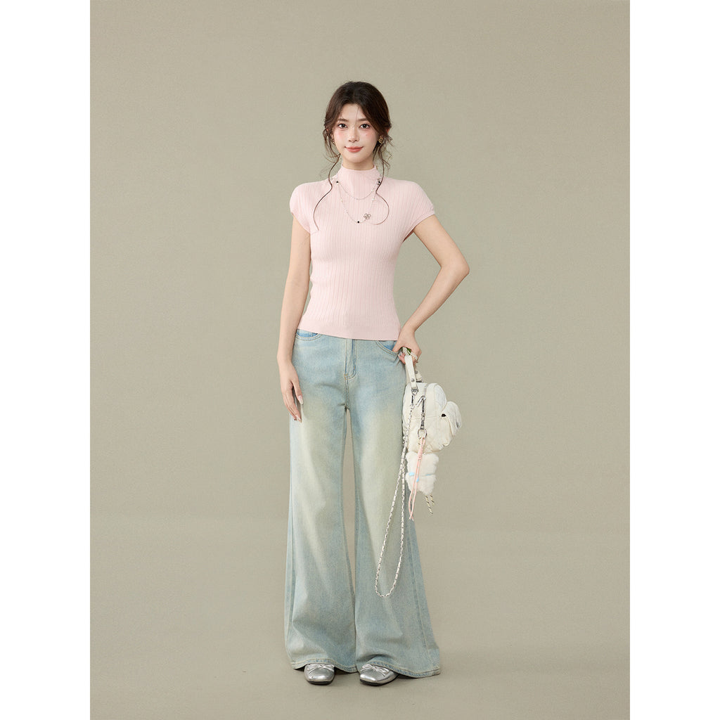 Short Sleeve Knit T-Shirt for Women, Slim Fit Sweet Style Summer Top