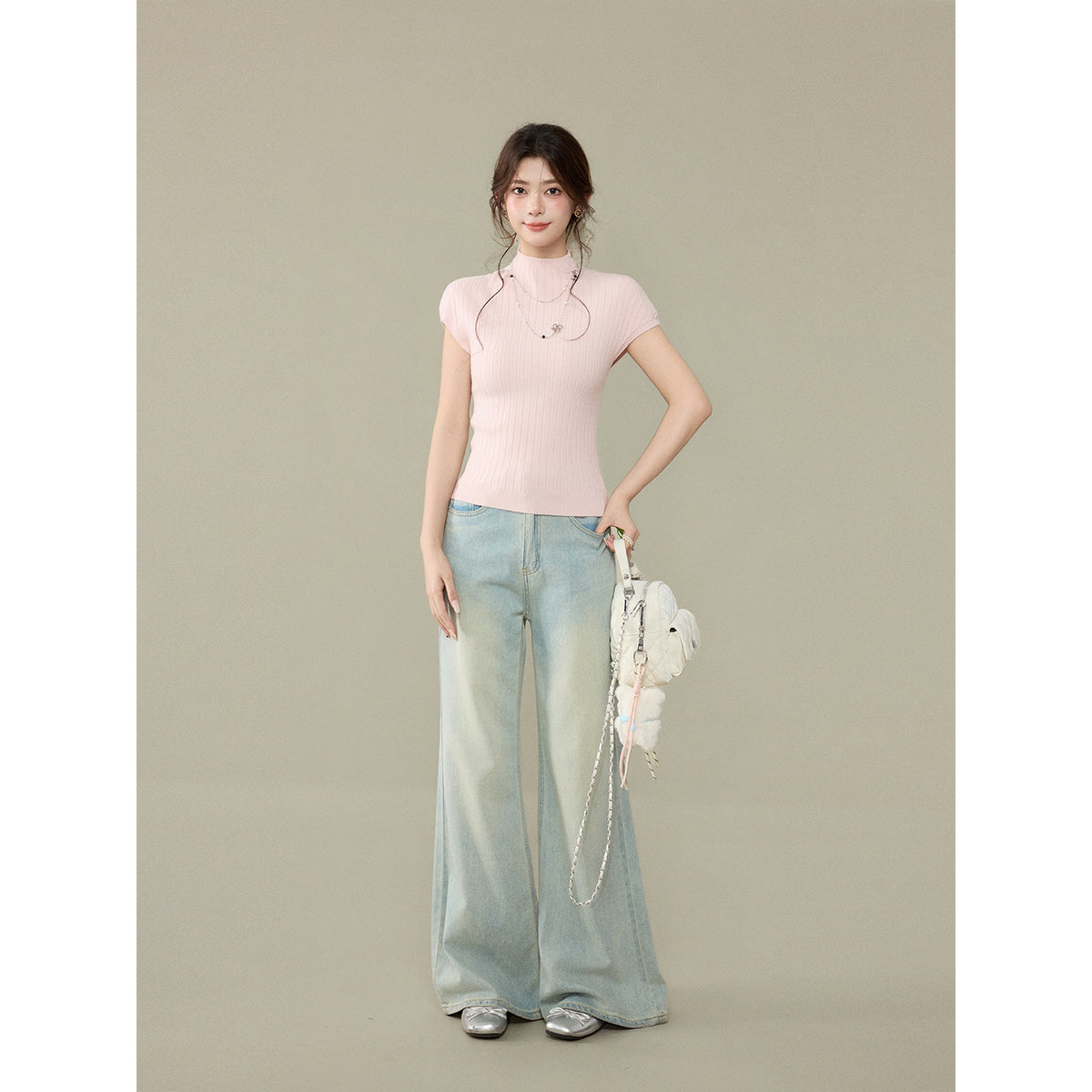 Short Sleeve Knit T-Shirt for Women, Slim Fit Sweet Style Summer Top