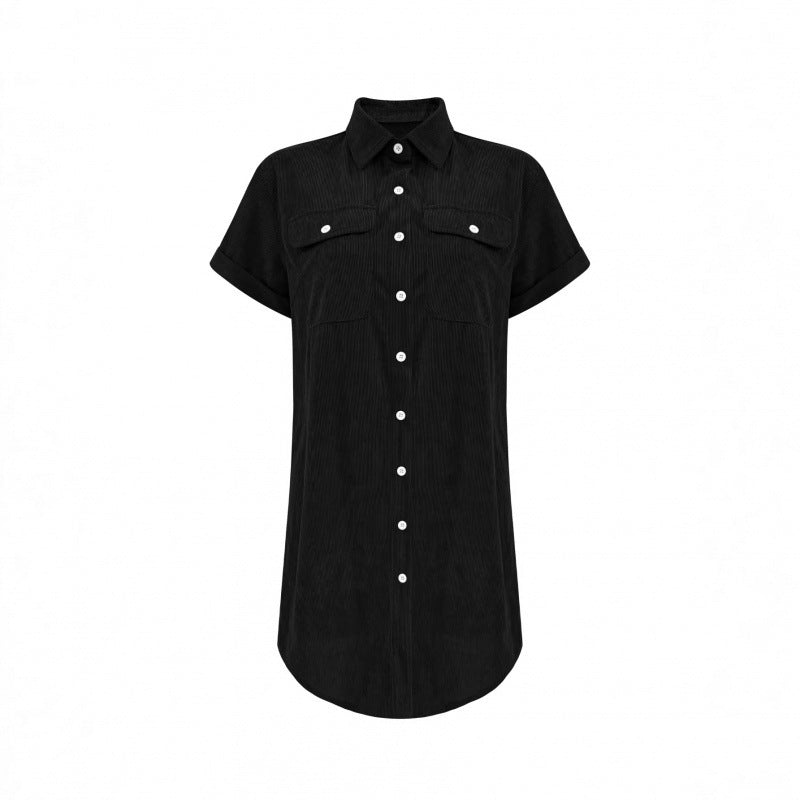 Vintage Casual Corduroy Shirt Dress, Loose Slim FitTurn-Down CollarWomen's Dress