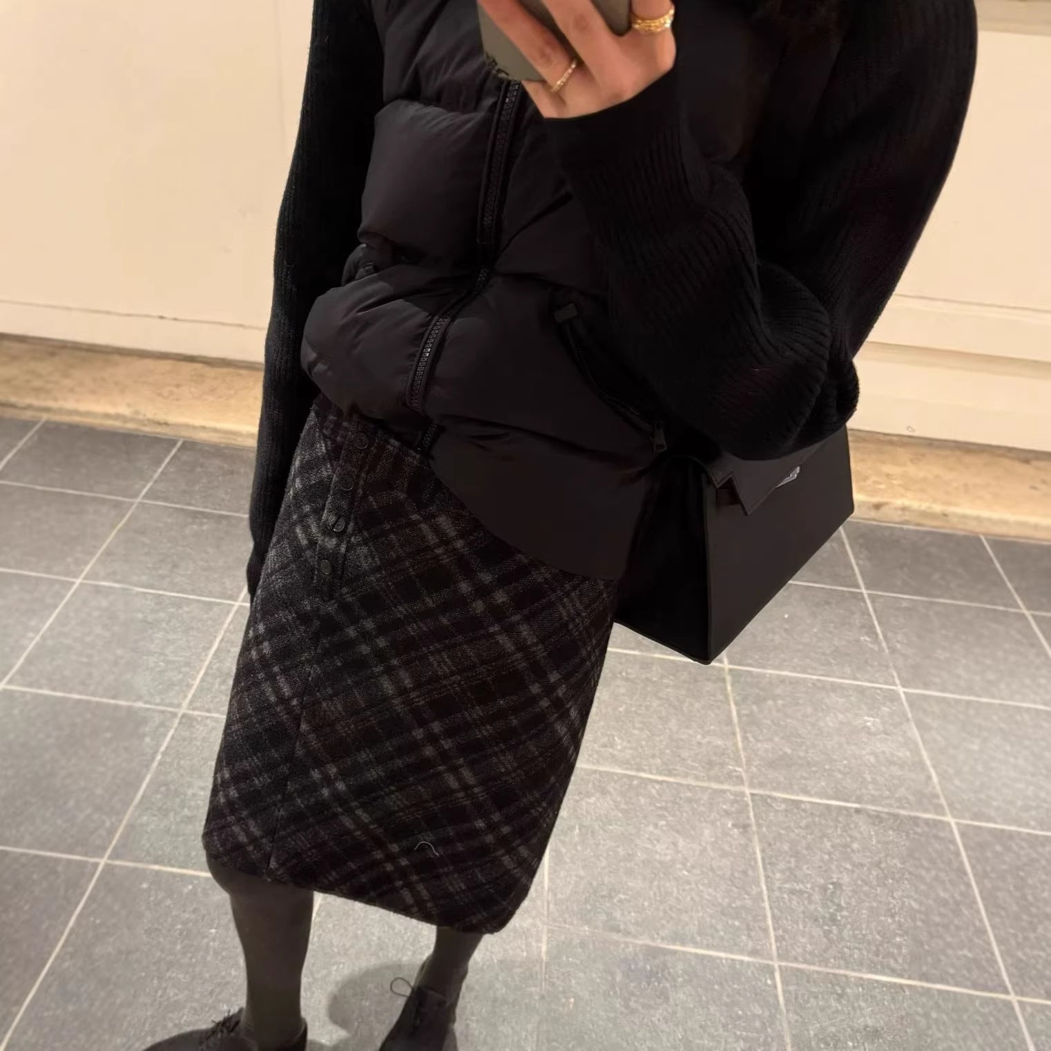 Checkered Skirt  Woolen A-Line Long Skirt Slim Fit High-Waisted Pencil Skirt