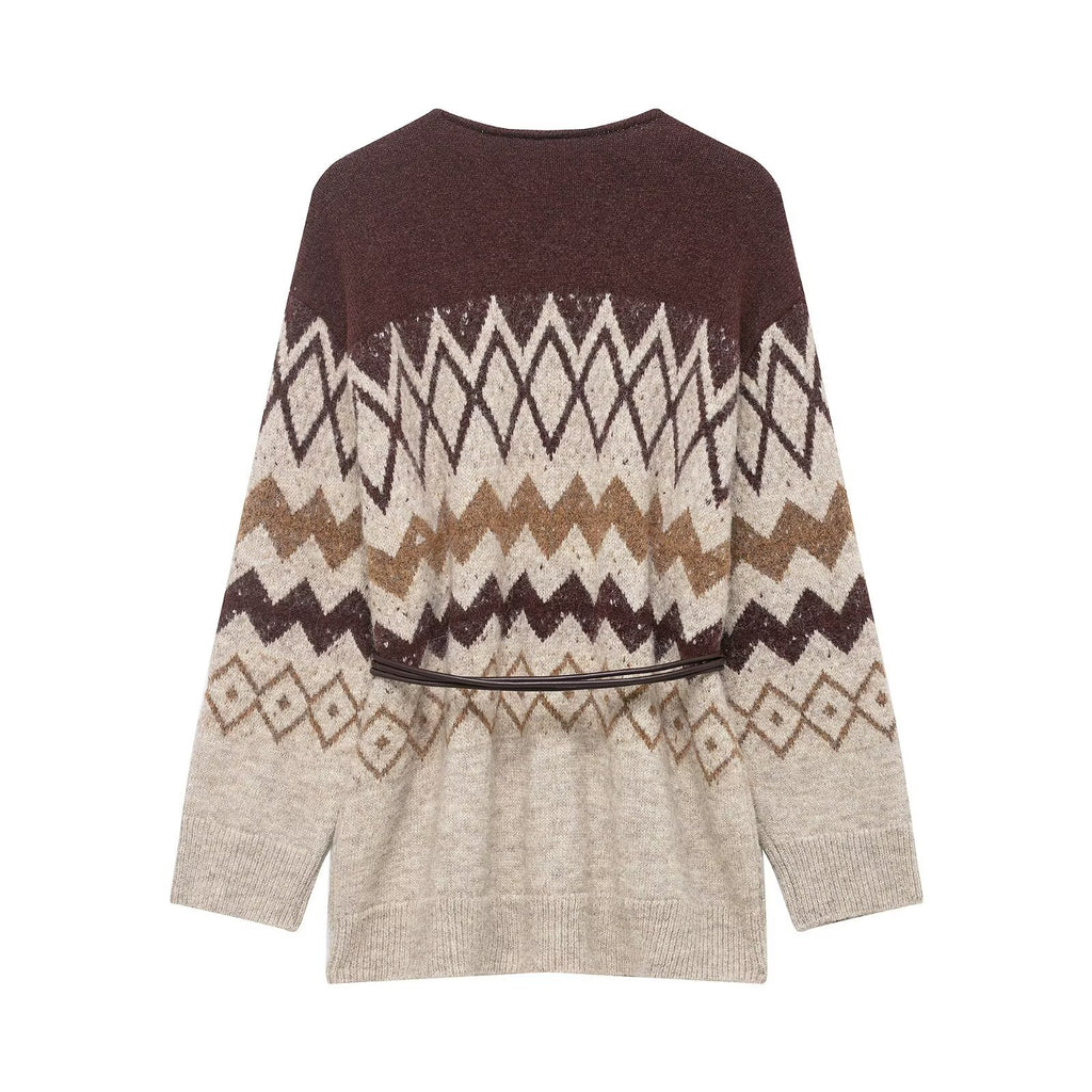 Vintage Jacquard Bead Knitted Coat with Belt