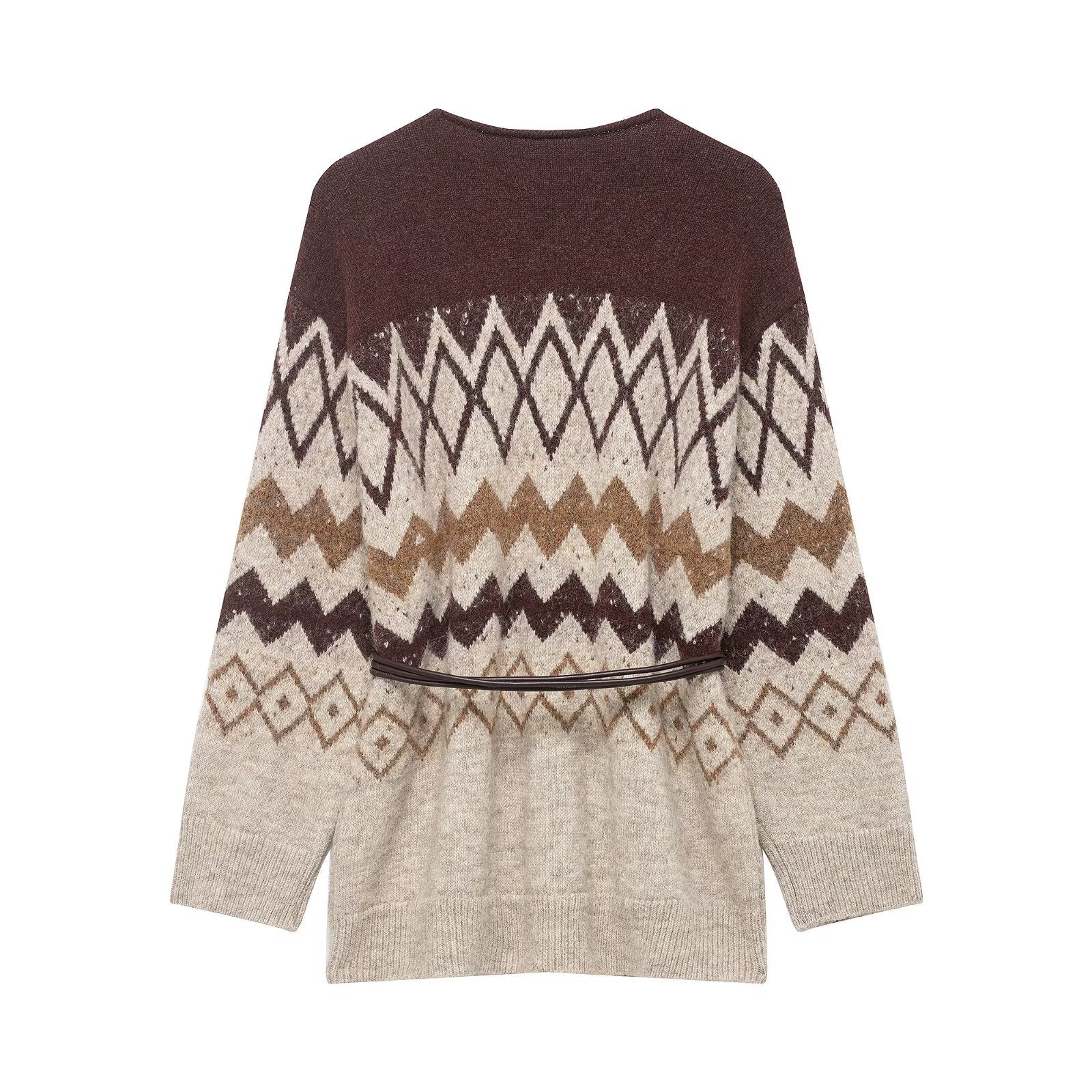 Vintage Jacquard Bead Knitted Coat with Belt