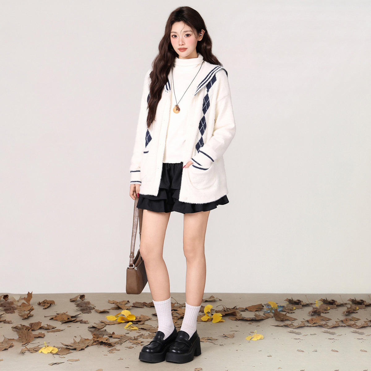 Style Navy Collar Thick Knit Sweater Coat