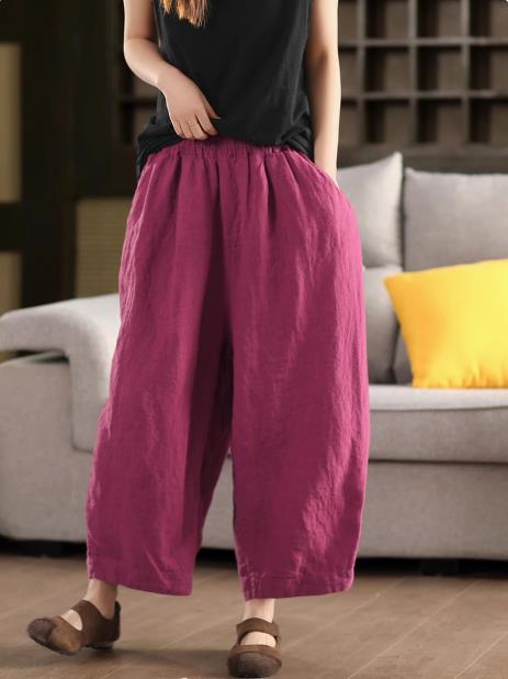 Summer New Heavy Sand-Washed Linen Vintage Color Loose Trousers Slim Literary Flare Pants Harem Pants