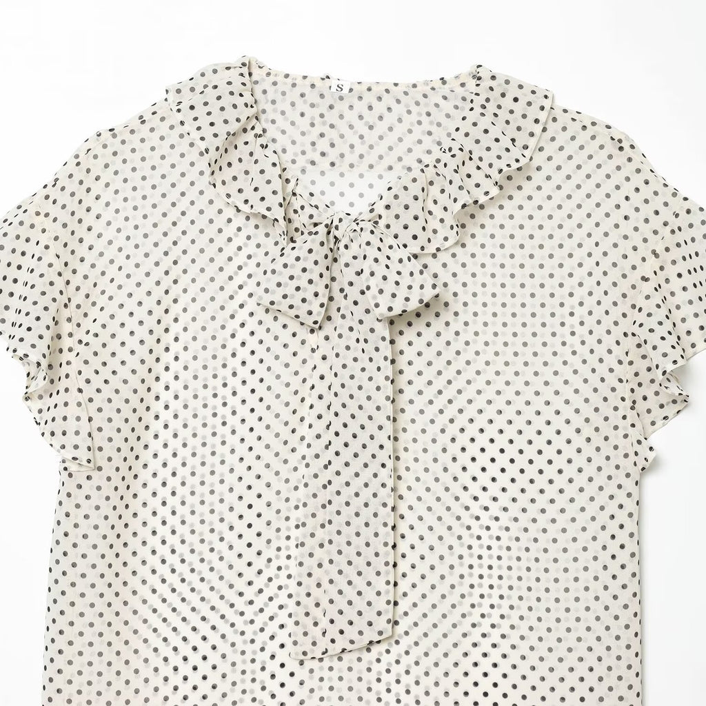 Polka dot bow embellished lace collar shirt