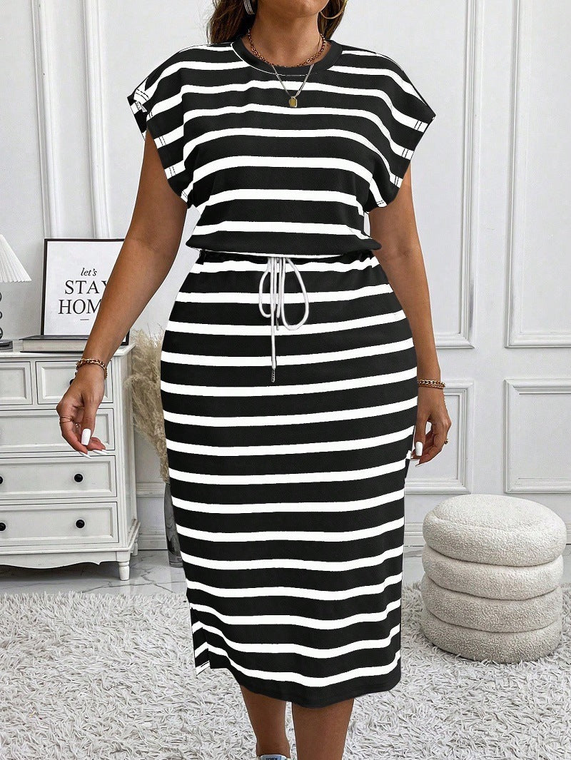 Stripe Print Short Sleeve Tie Waist A-line Dress