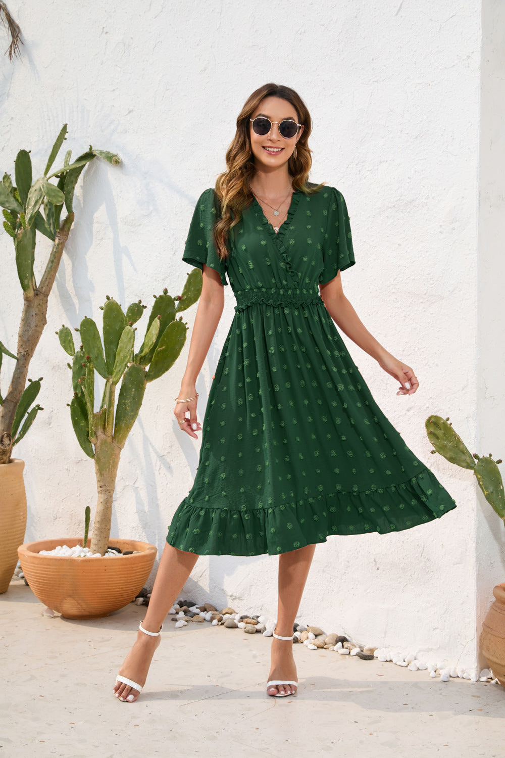V-neck high waisted tied dress