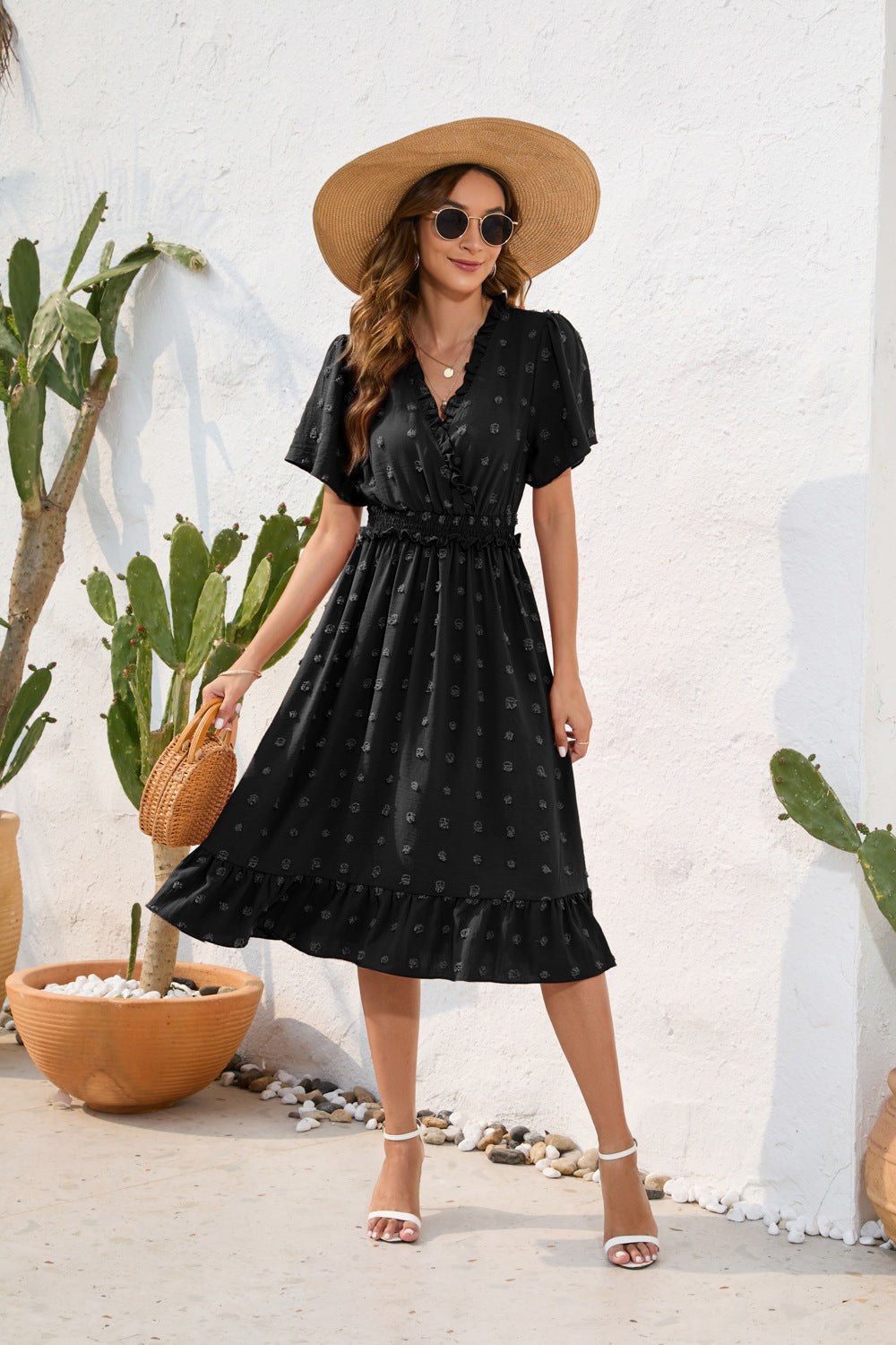 V-neck high waisted tied dress