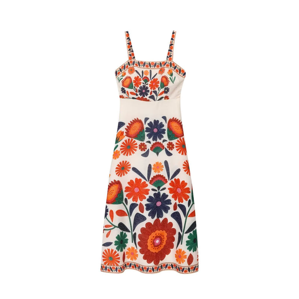 Vacation style slimming positioning printed cotton and linen dress