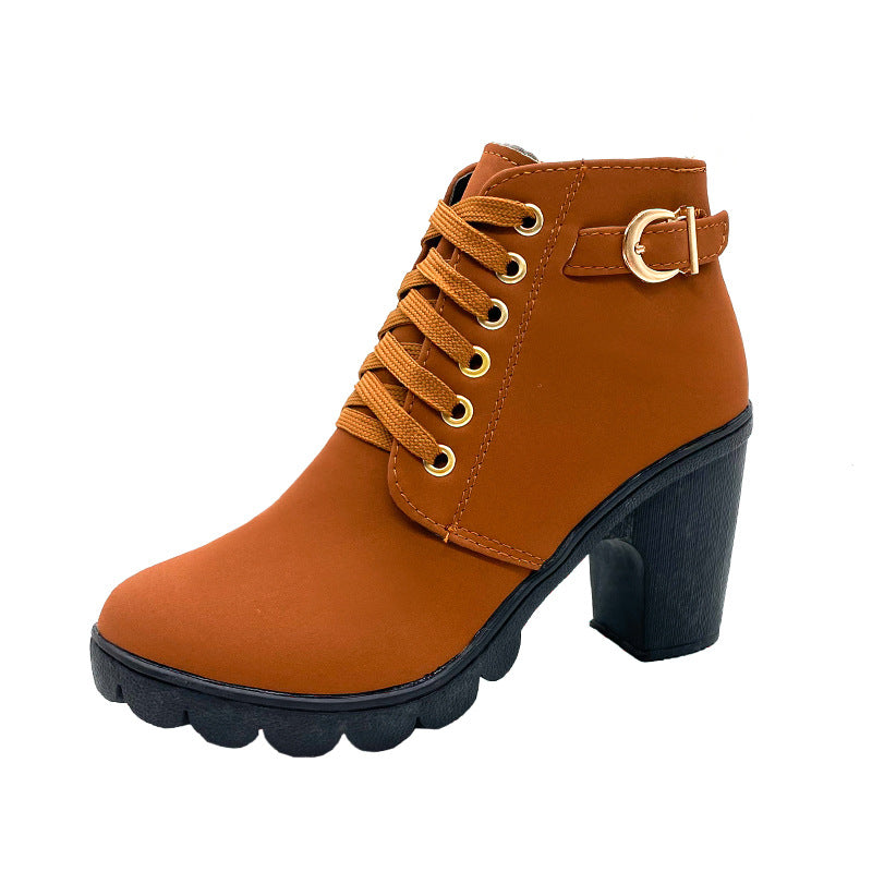 High heels belt buckles thick heels round toe Martin boots for women