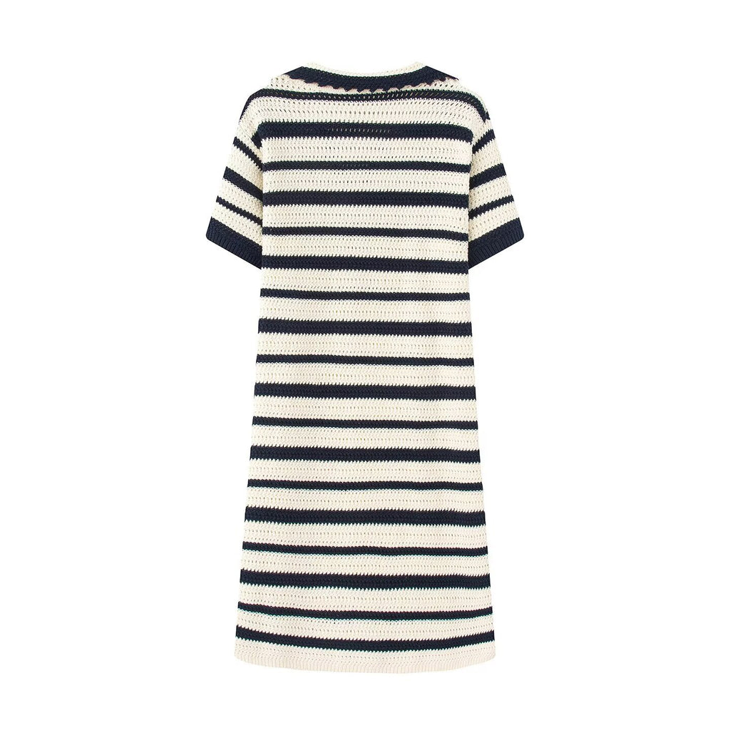 Striped Knitted Polo Collar Dress