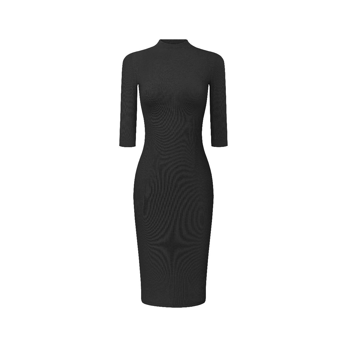 Half-High Neck Knit Mid-Sleeve Dress Slim Fit Bodycon Ribbed Midi Dress for Women