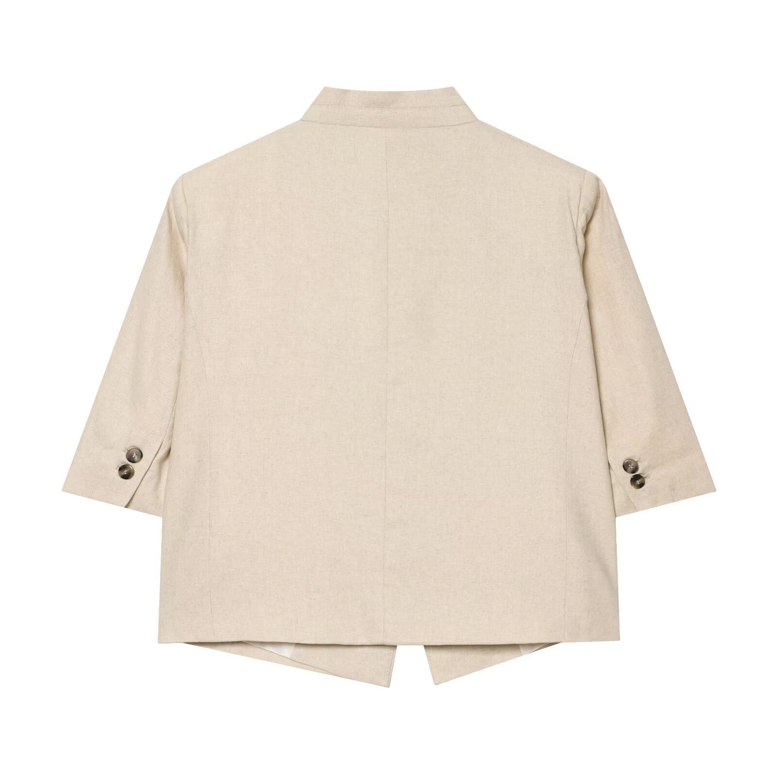 Stand collar linen blend short sleeved suit jacket