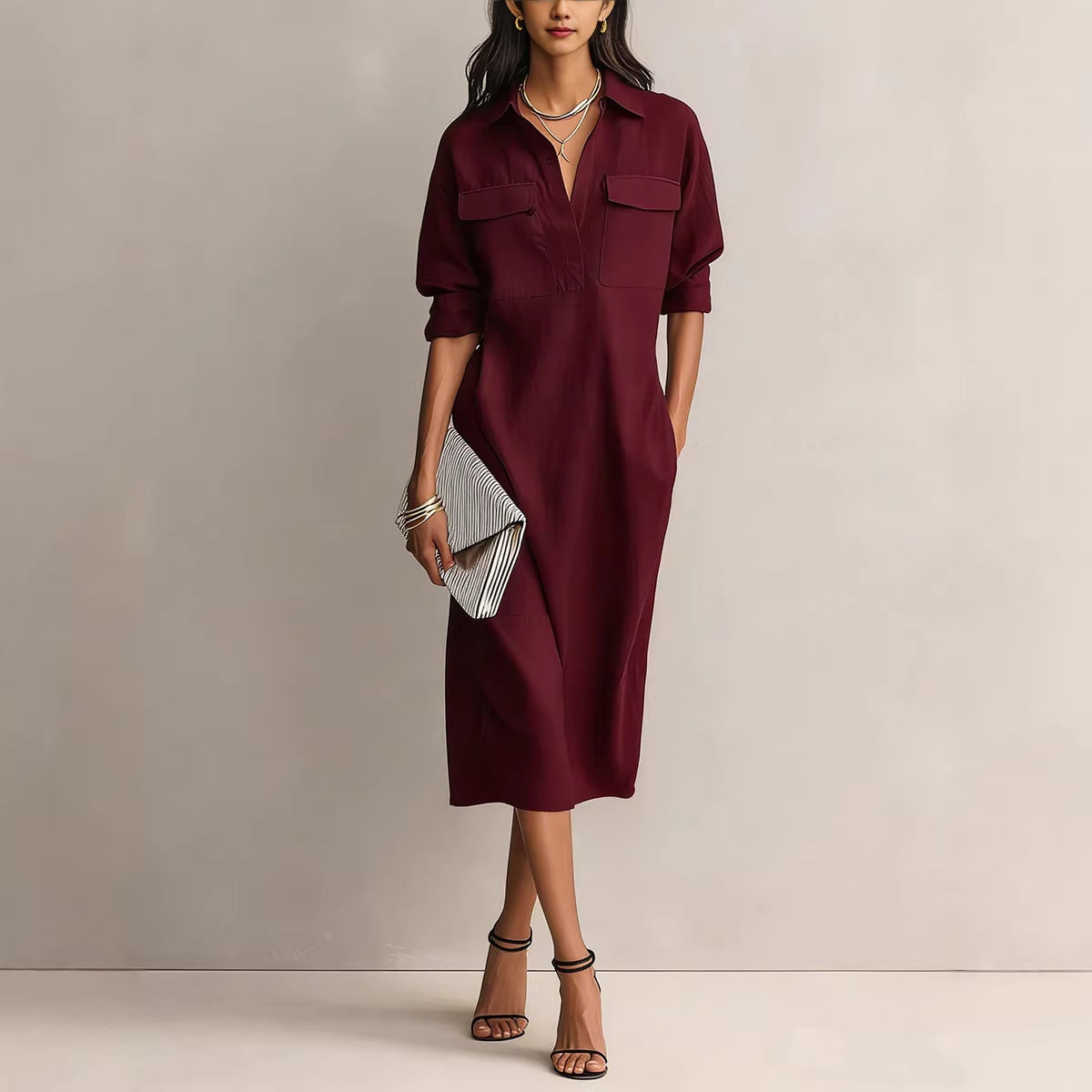 Elegant and Sophisticated Office Casual Fashion Fitted Comfortable Solid Color Mid-Length Dress
