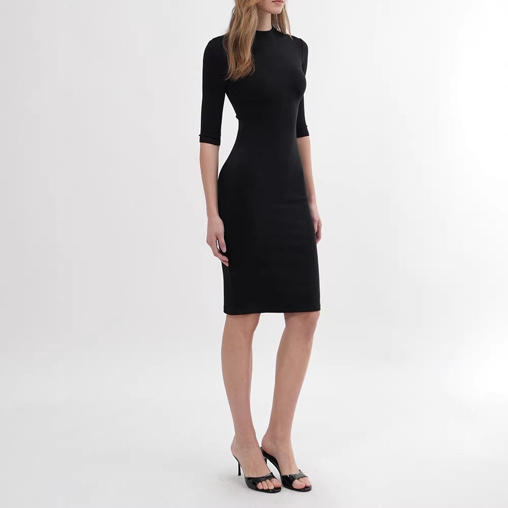 Half-High Neck Knit Mid-Sleeve Dress Slim Fit Bodycon Ribbed Midi Dress for Women