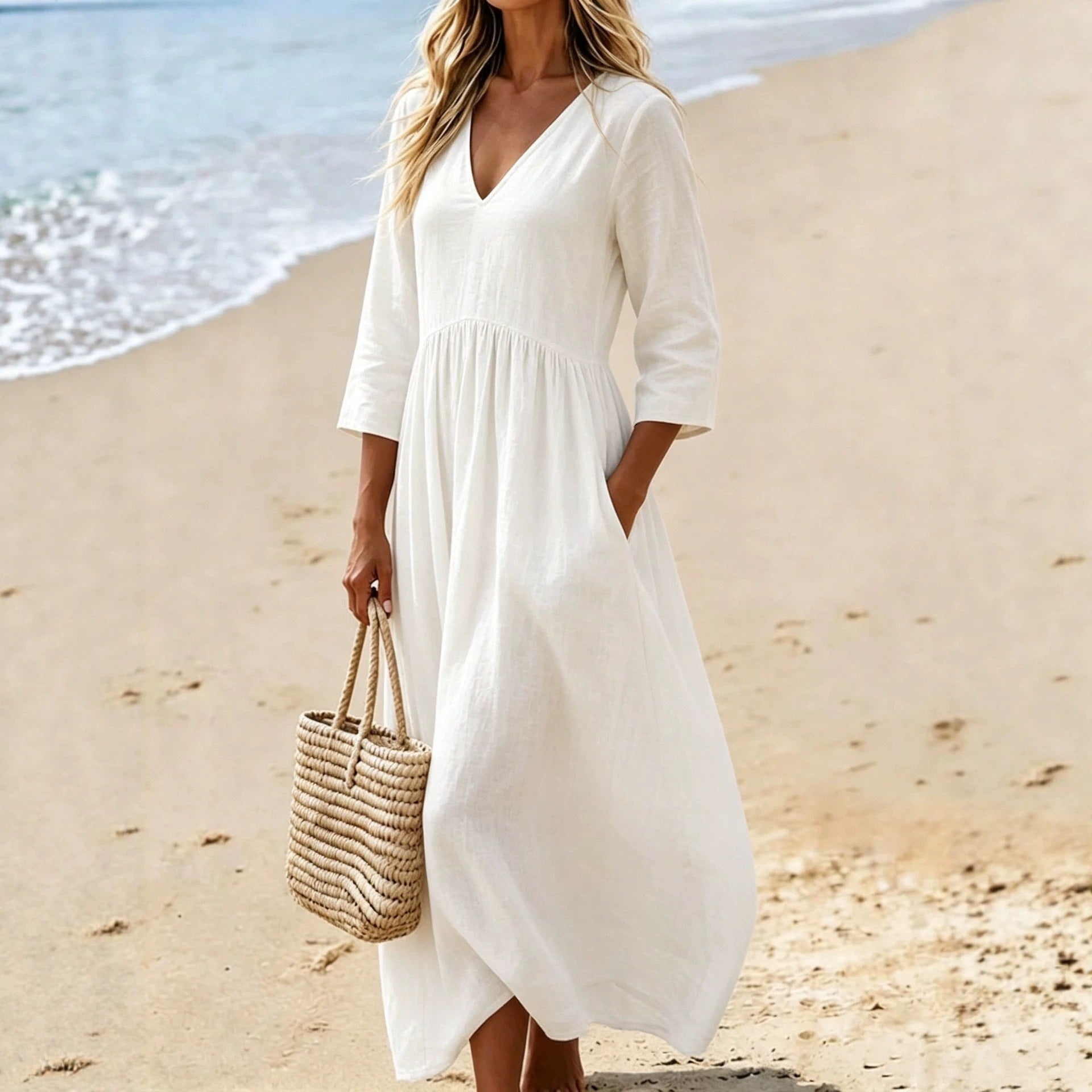 Solid color V-neck dress for women