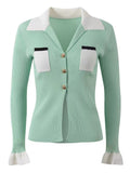 Elegant Mint Green Ribbed Knit Collared Ruffle Cuff Cardigan Top for Women