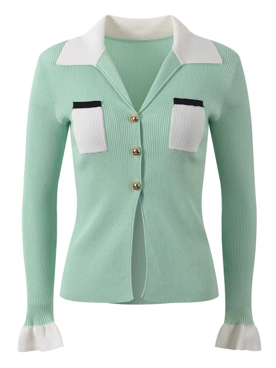 Elegant Mint Green Ribbed Knit Collared Ruffle Cuff Cardigan Top for Women