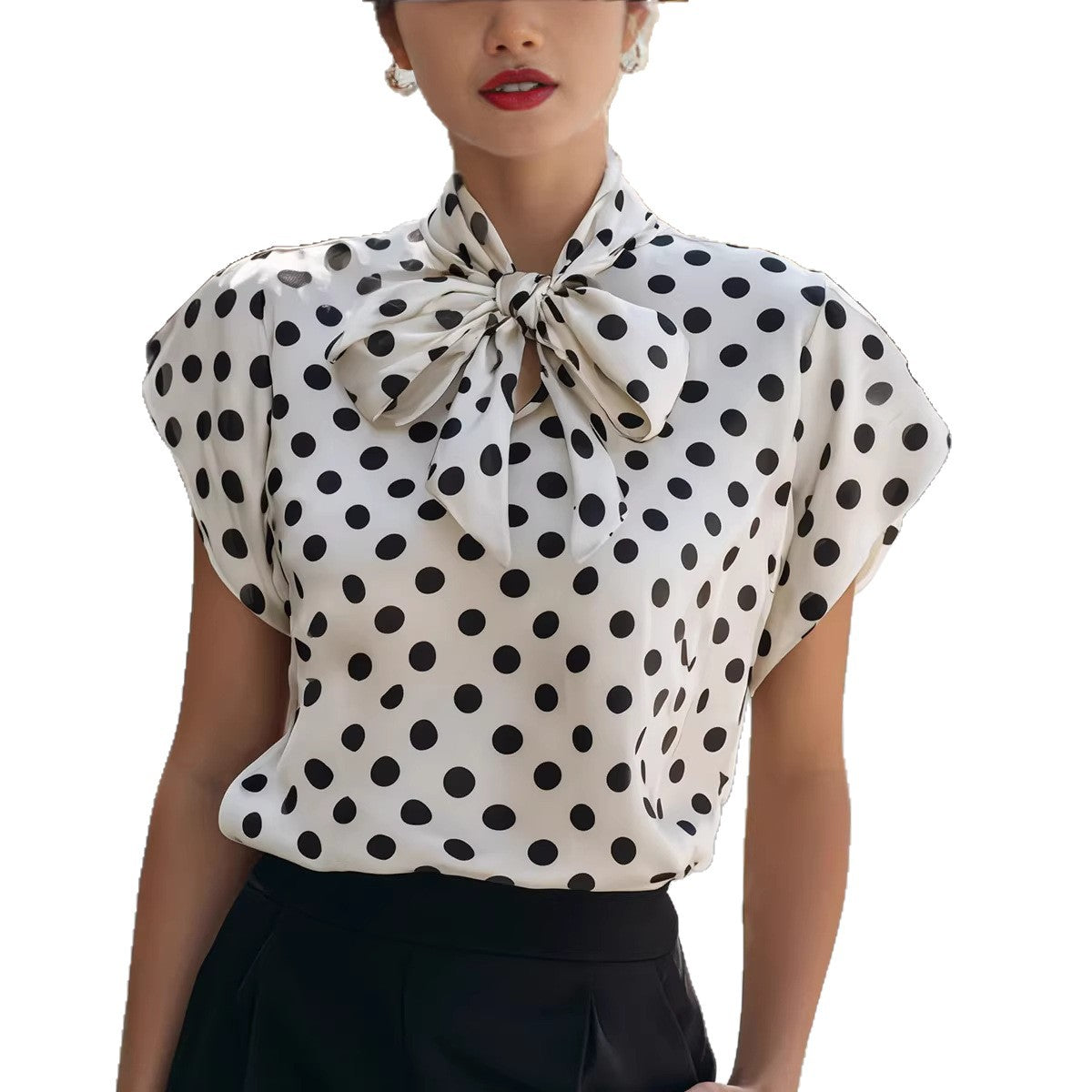 Bow collar polka dot short sleeved top