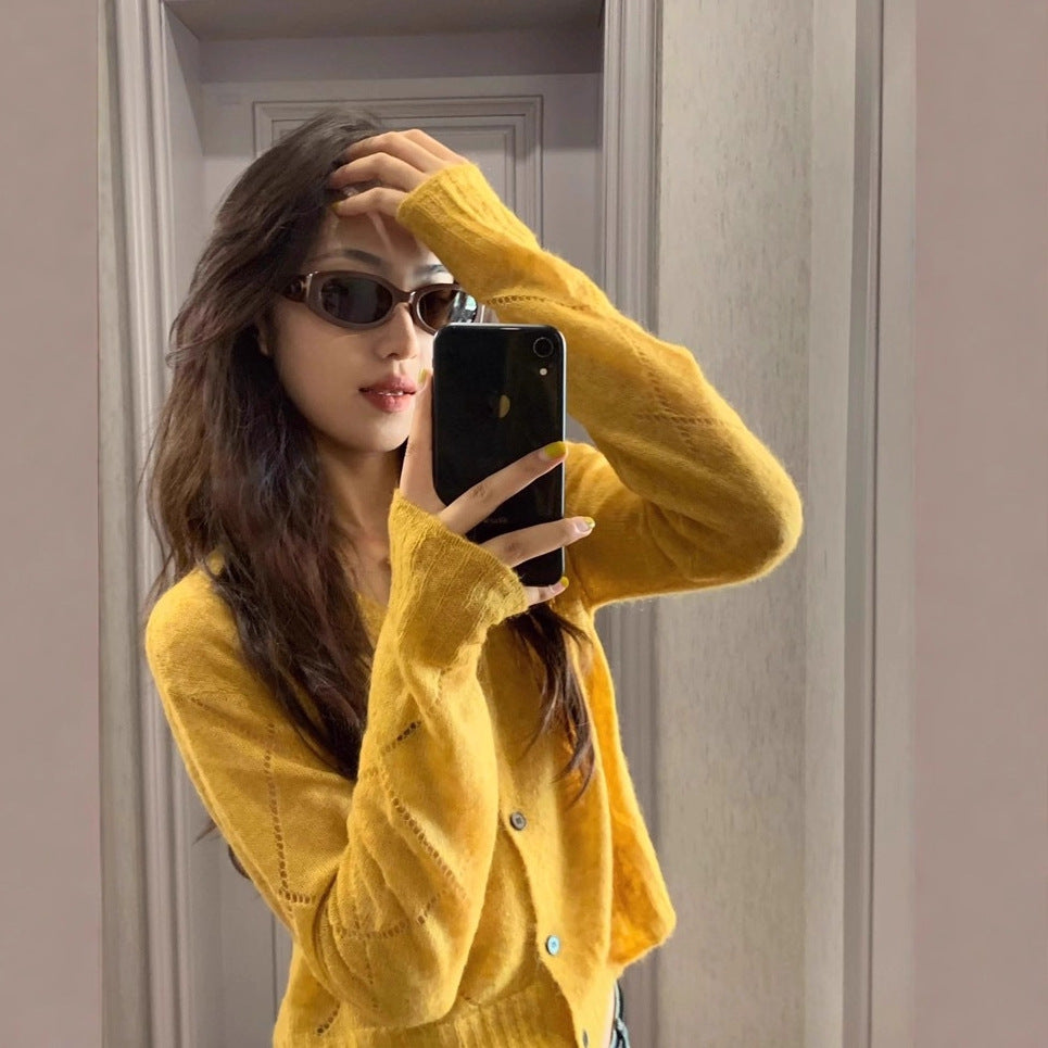Stylish Yellow Long Sleeve Knit Cardigan for Women Short Outerwear Top