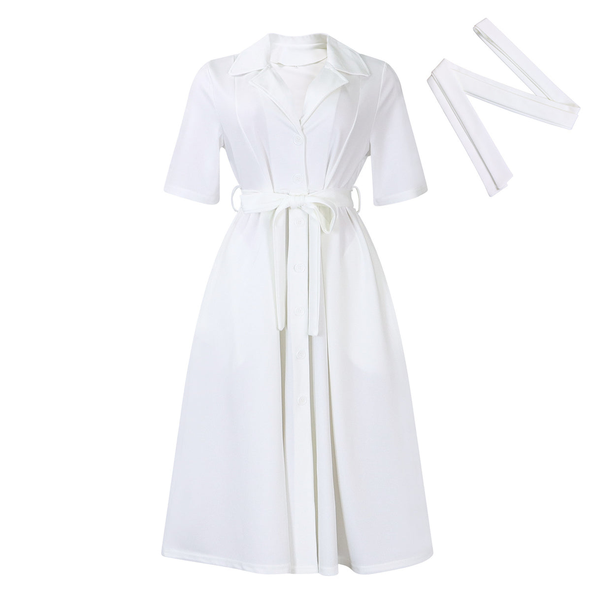 Short sleeved suit collar strap solid color dress