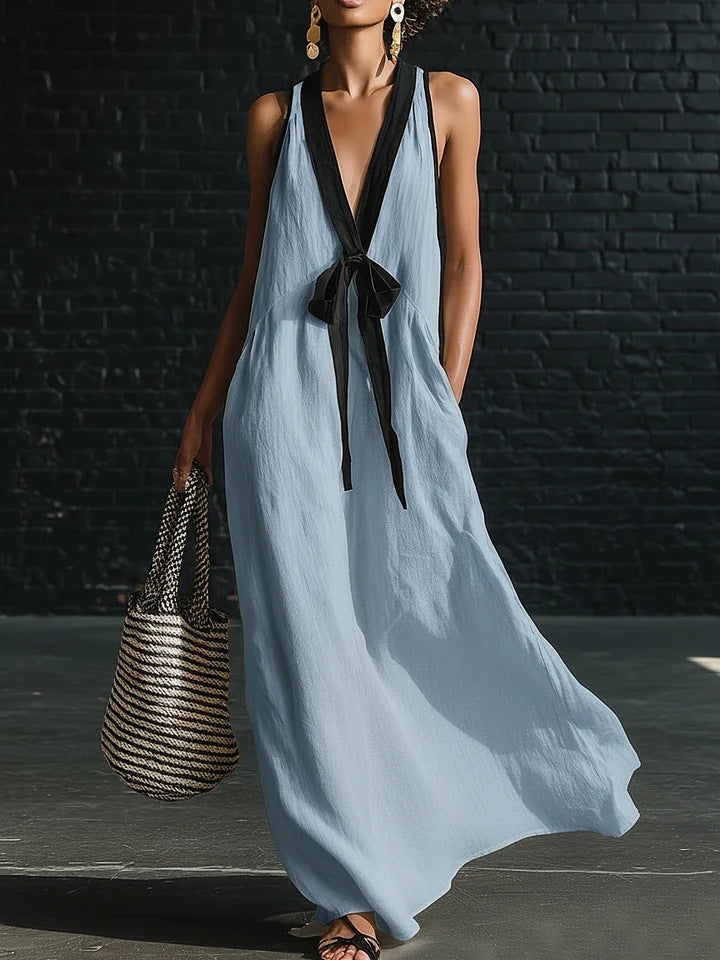 V-neck Strapless Sleeveless Resort-Style Long Simple Elegant Dress