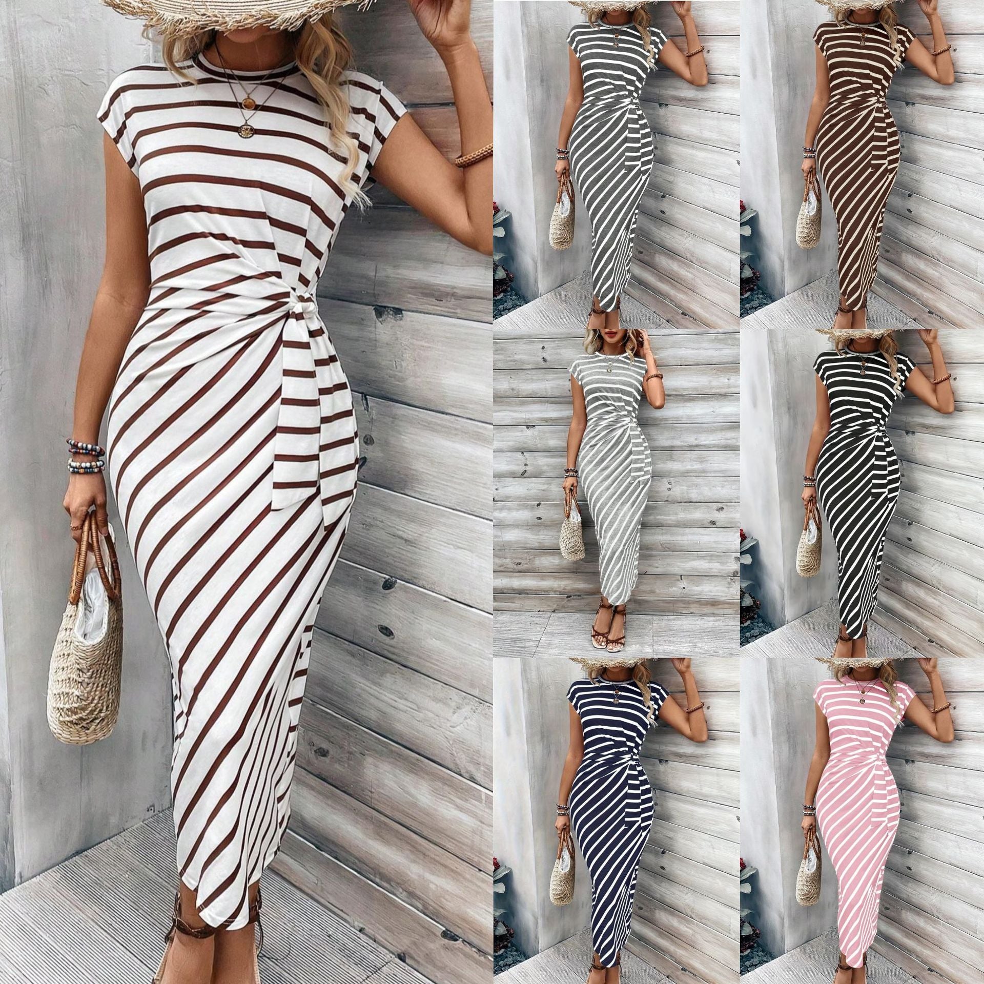 Short sleeved round neck long dress