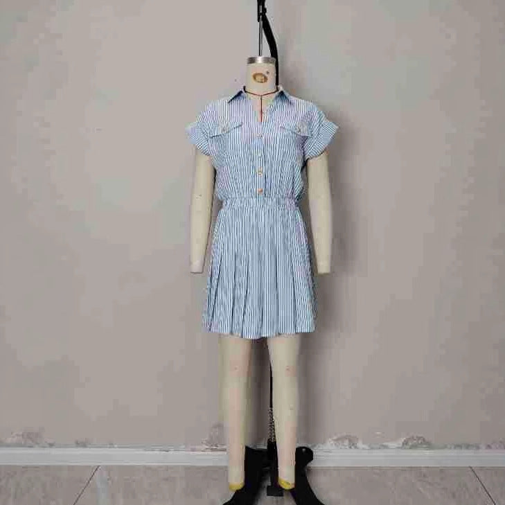 Short sleeved blue striped lapel shirt dress