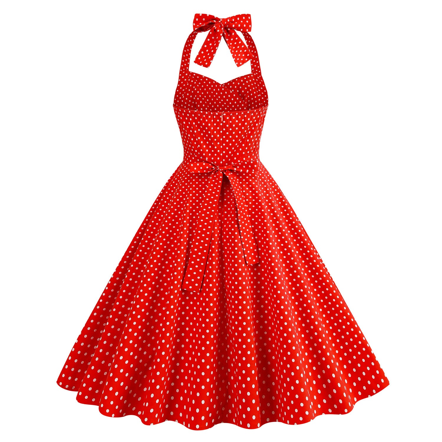Hepburn Style Vintage Short Sleeve Color-block Polka Dot Halter High Waist Performance Dress with Tie-up for Photos, Bridesmaid, Picnic