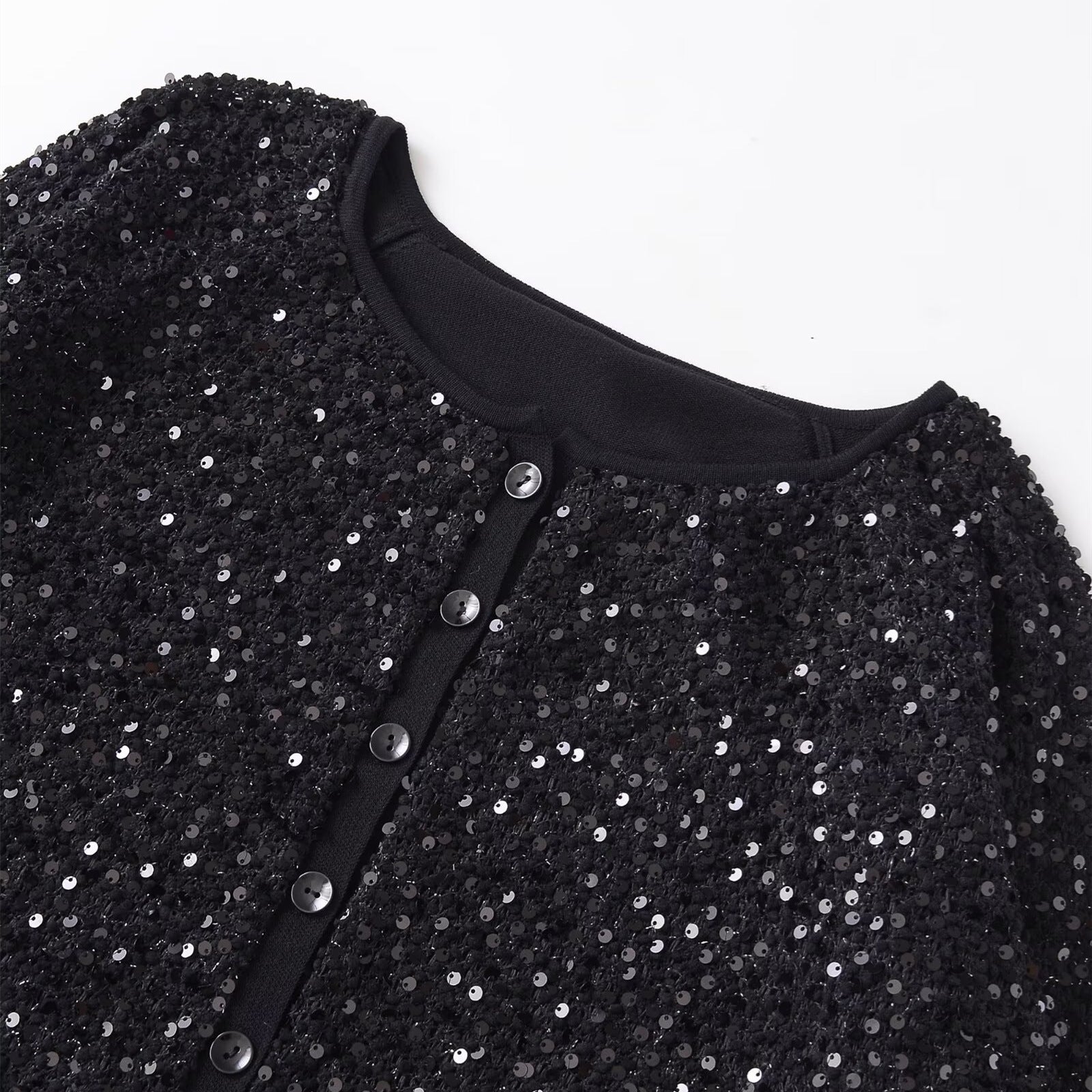 Long sleeved double-layer straight collar pearl knit jacket