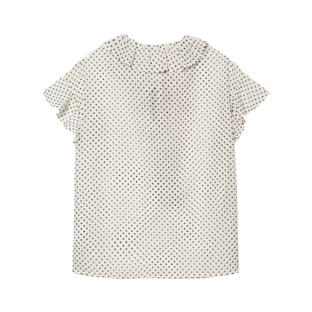 Polka dot bow embellished lace collar shirt