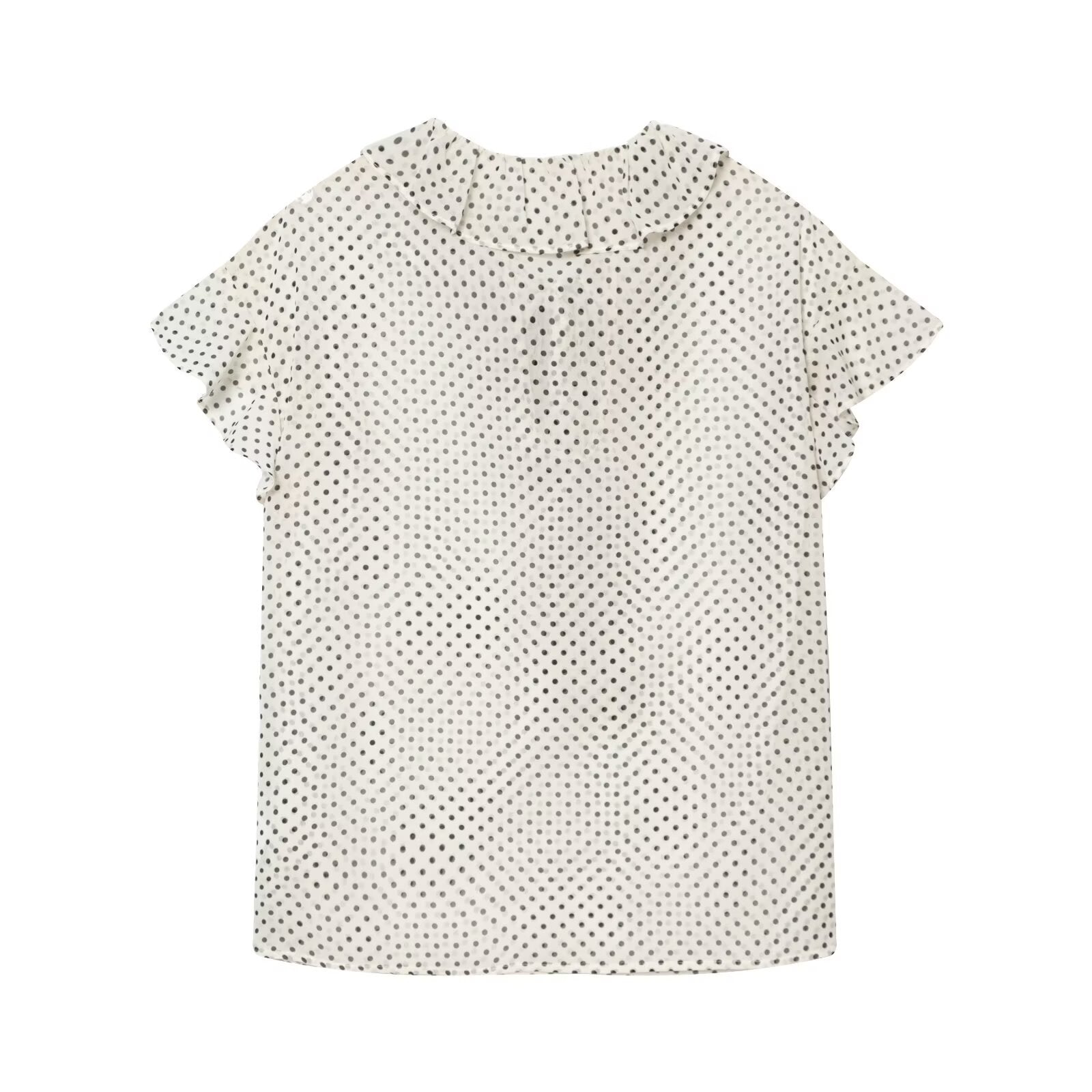 Polka dot bow embellished lace collar shirt
