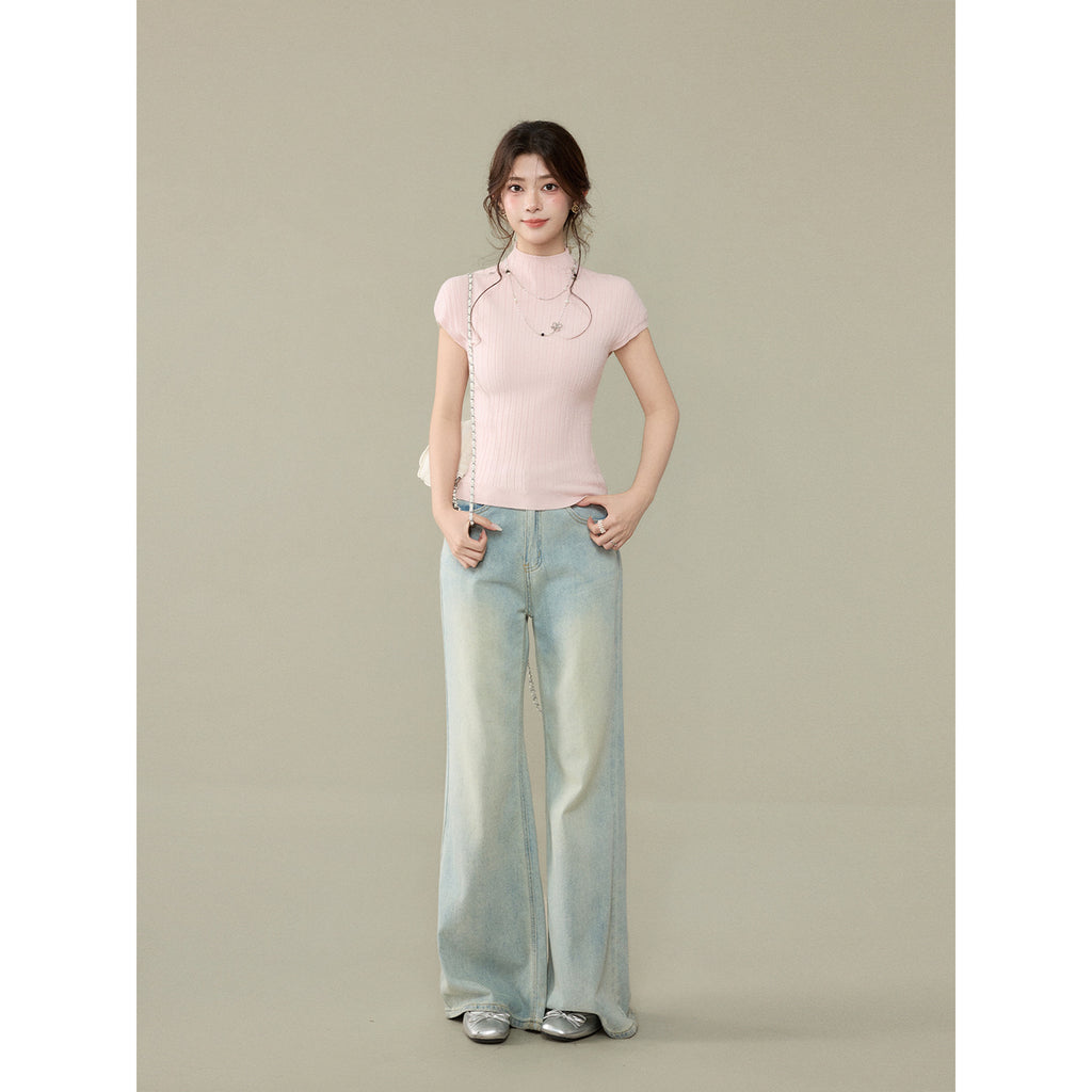 Short Sleeve Knit T-Shirt for Women, Slim Fit Sweet Style Summer Top