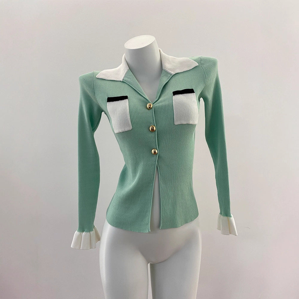 Elegant Mint Green Ribbed Knit Collared Ruffle Cuff Cardigan Top for Women