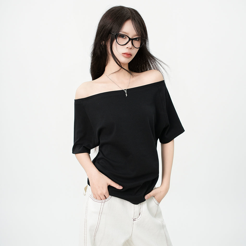 One-Shoulder Asymmetrical Design Short Sleeve T-Shirt Loose Relaxed Style Top