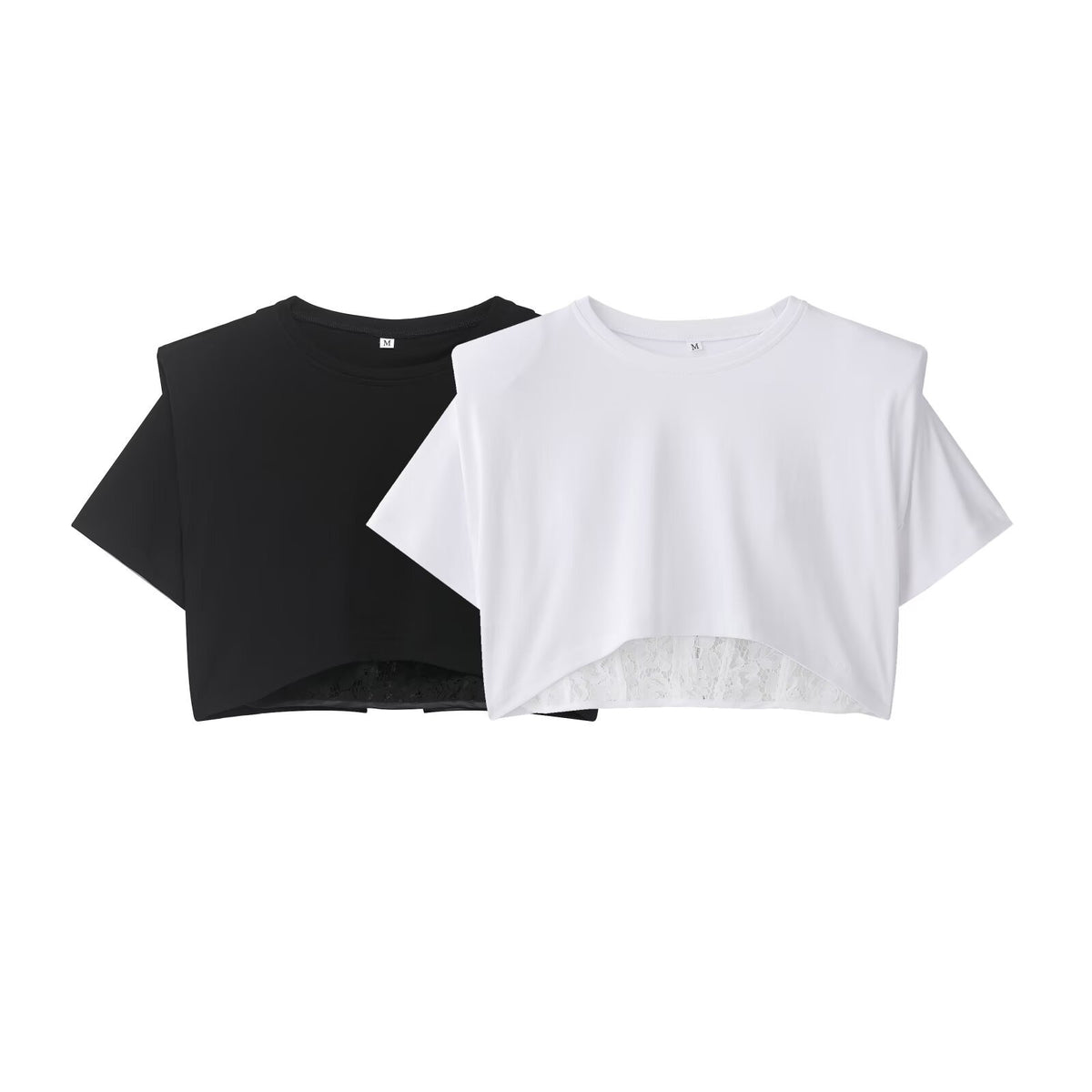 Lace waist cinching patchwork fake two piece short sleeved T-shirt