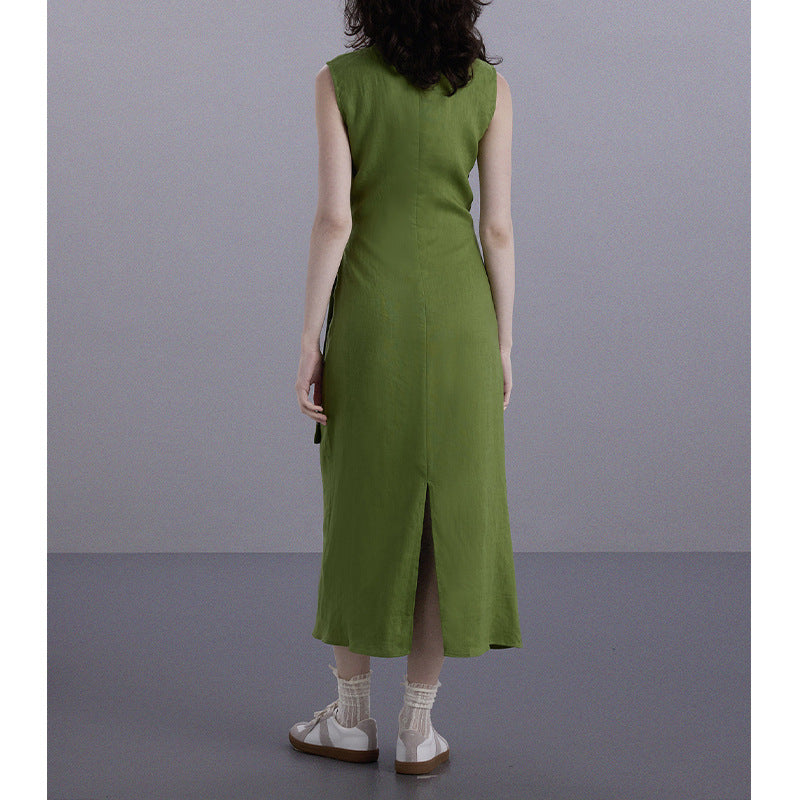 Cute Green Sleeveless Dress with Twist Pleat and Tie Waist, Fitted Bodycon Style, Minimalist Design, High-Quality Casual Dress