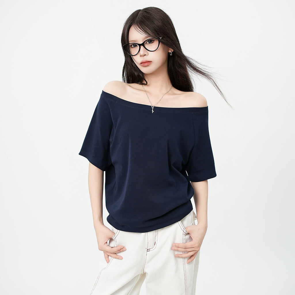 One-Shoulder Asymmetrical Design Short Sleeve T-Shirt Loose Relaxed Style Top