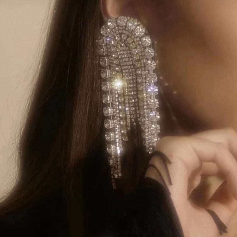Full diamond long tassel silver needle earrings with a niche temperament for women