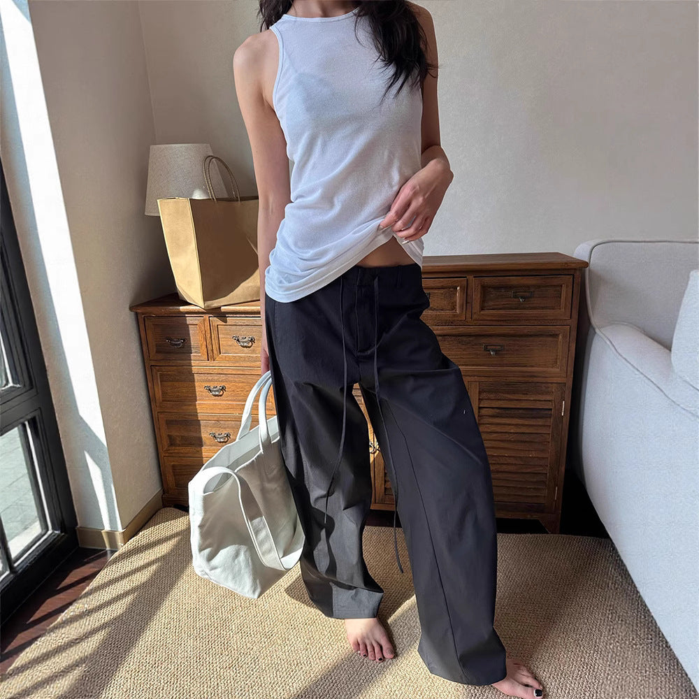 Knife-Style Casual Pants, Medium-Low Waist, Loose Straight Leg, Slimming Drawstring Cargo Trousers
